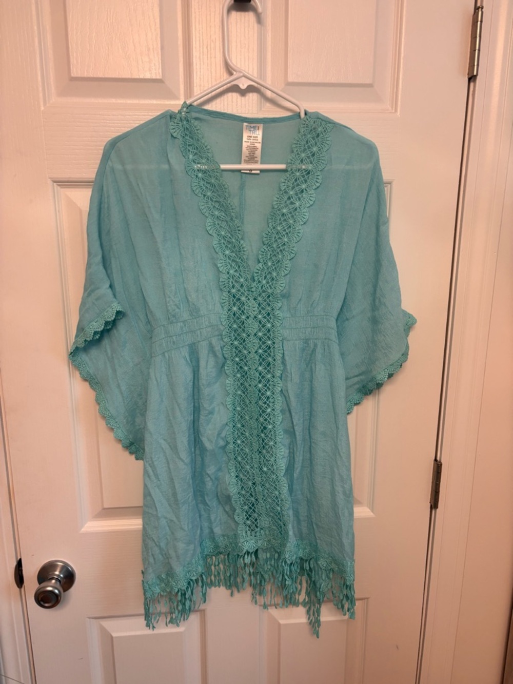 Time and Tru Aqua Lace-Trim Fringe Kimono Tunic